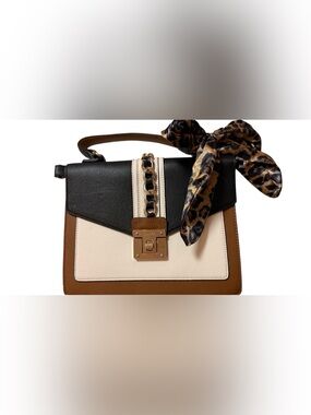Aldo Black Cream and Brown Top-Handle Colorblock Satchel with Leopard Scarf